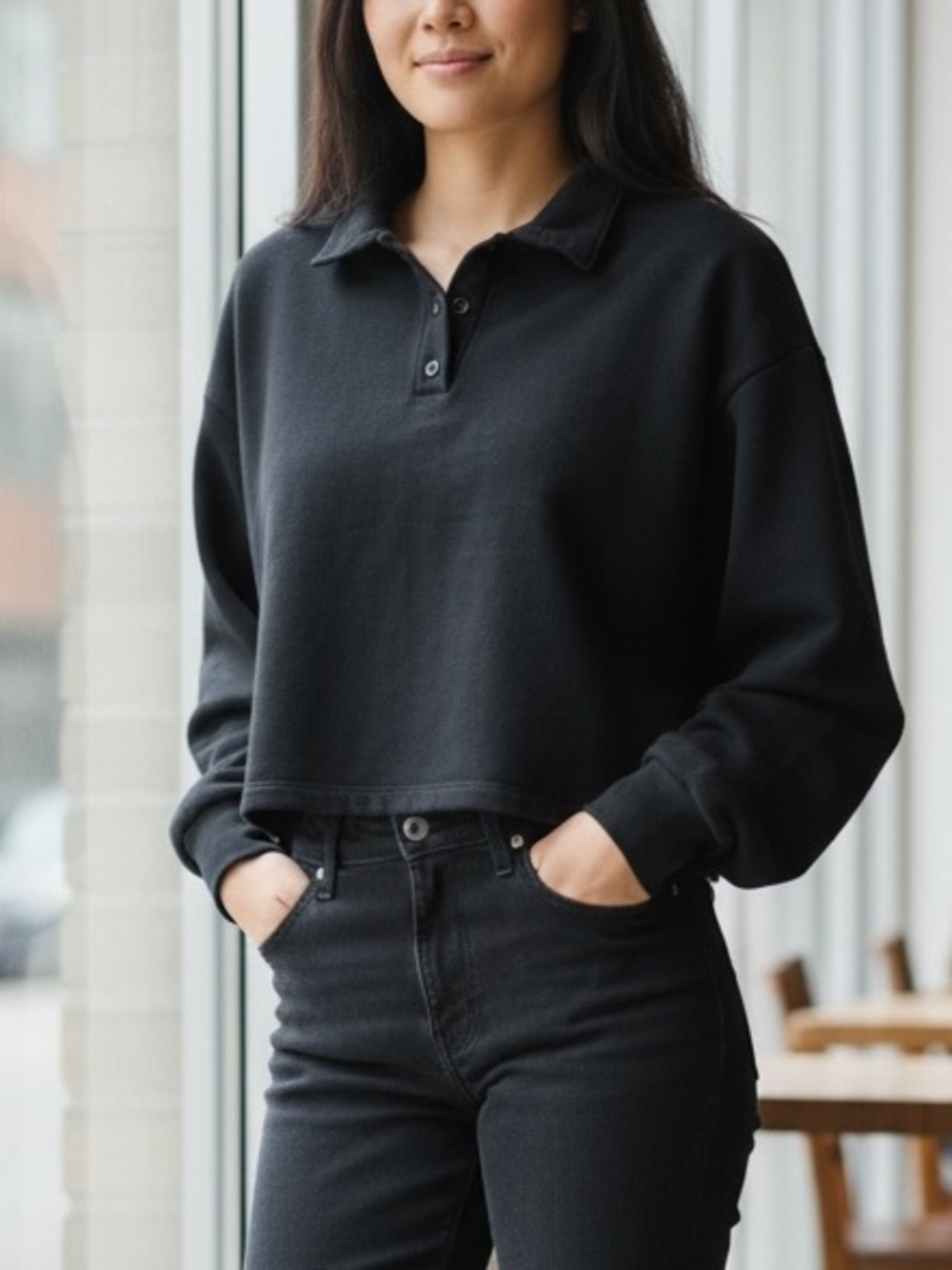 BECCA Women’s Black Cropped Crewneck Polo Sweatshirt with Front Buttons